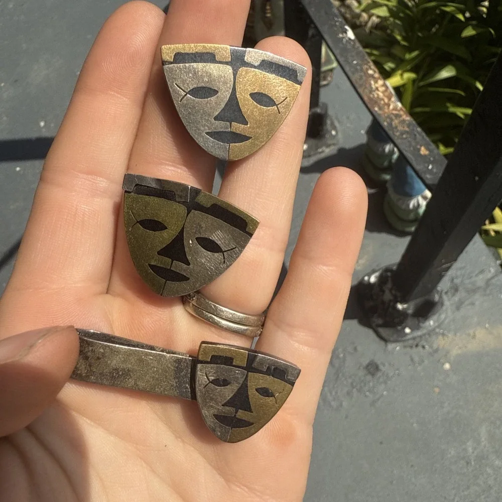 Vintage MCM‎ 1950 Mexican Sterling Mask Face Cool Cuff Links & Tie Clip